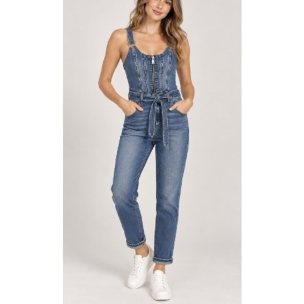 Guess Women's Blue Los Angeles Denim Sleeveless Zip Front Belted Jumpsuit Size S